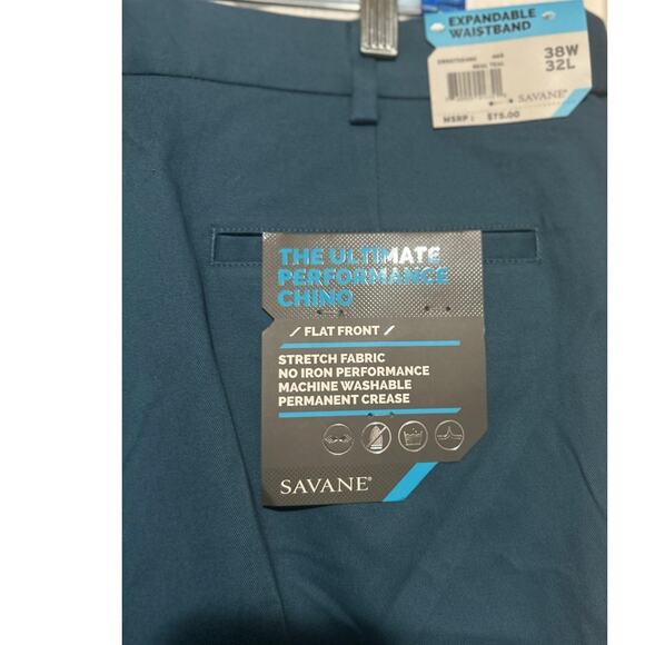 Savane Men's The Ultimate Performance Chino Flat Front Blue Real Teal Size 38/32 - Picture 6 of 8